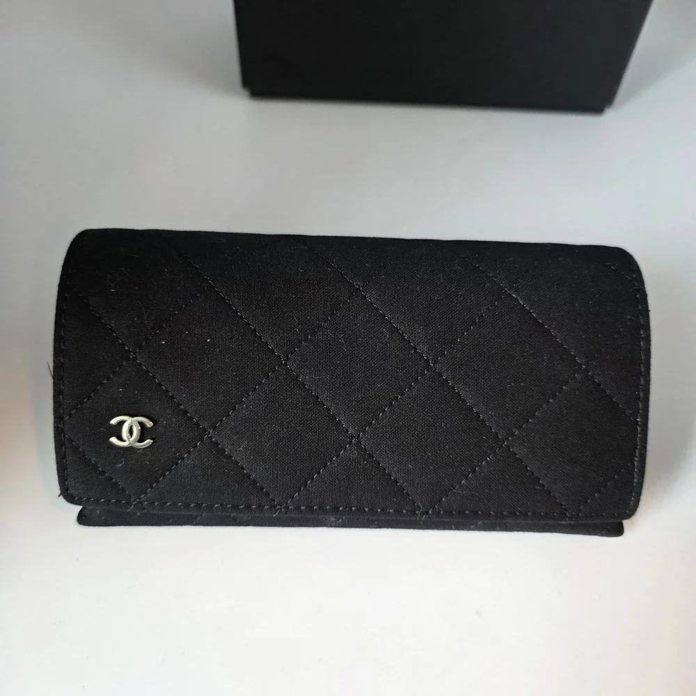Chanel Black Quilted Fabric Eyewear Case with Box and Cleaning Cloth CC Logo